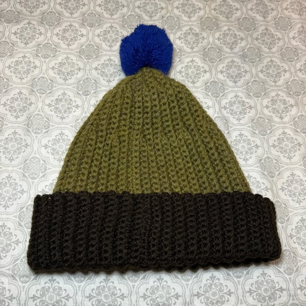 Yves Saint Laurent Olive and Brown Beanie with Blue Pom